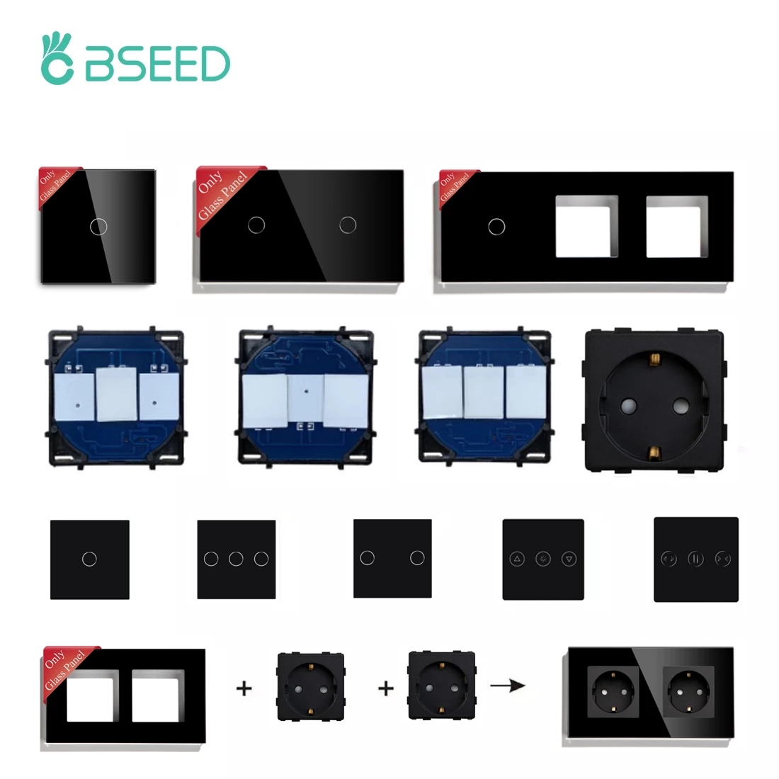 BSEED 벽 빛 터치 스위치 1/2/3 갱 1/2Way LED 조 광 기 기능 부품 유리 패널 프레임 EU 16A 전원 소켓 DIY 부품 전용